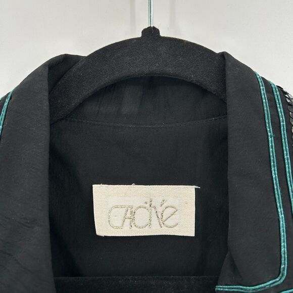 CACHE Vintage Green Black Sequin Embroidered Sheer Sleeve Blazer Jacket Small - Picture 6 of 6